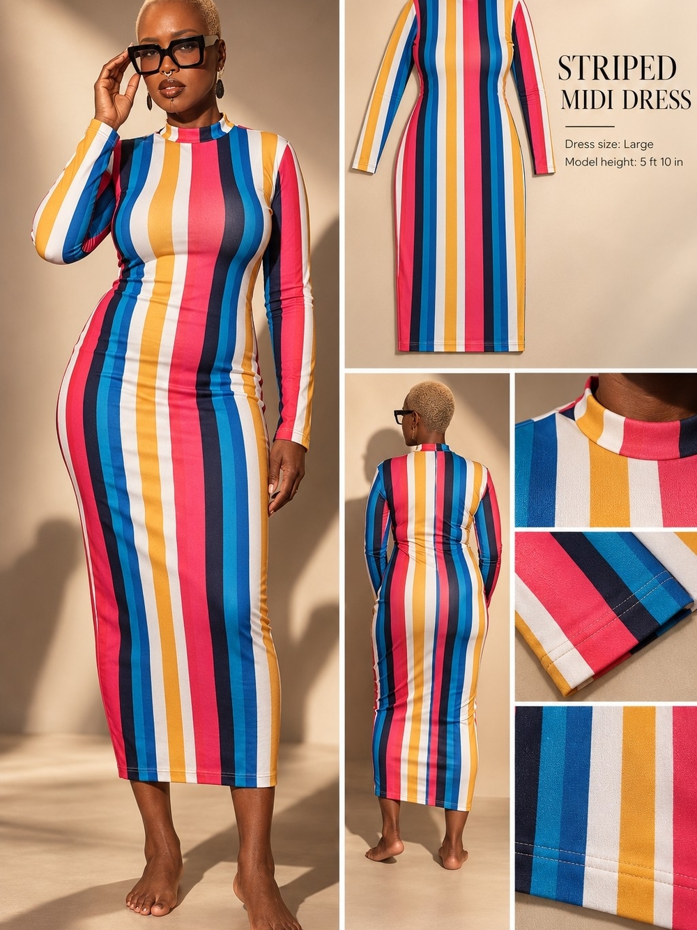 Striped Mock Neck Midi Dress - Multicolor